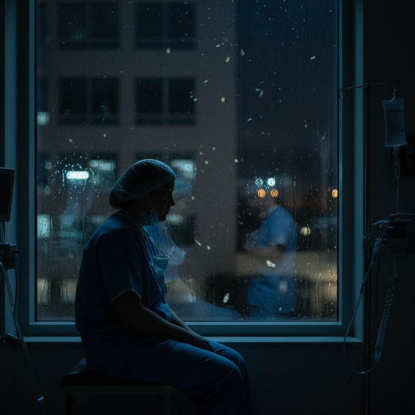 Une infirmière épuisée, seule face à la nuit, symbolisant l'épuisement professionnel et l'isolement dans un environnement de travail difficile.