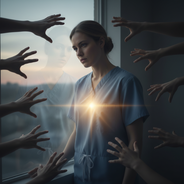 Une infirmière confrontée à l'épuisement et au sentiment d'invisibilité, en train de retrouver sa lumière intérieure en apprenant à dire non.