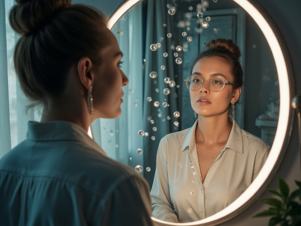 Une psychologue épuisée confrontée à ses doutes et à sa faible estime de soi, symbolisée par un reflet fragmenté et des pensées négatives.