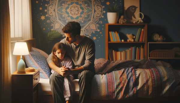 Un père réconforte sa fille après un cauchemar dans sa chambre d'enfant la nuit.