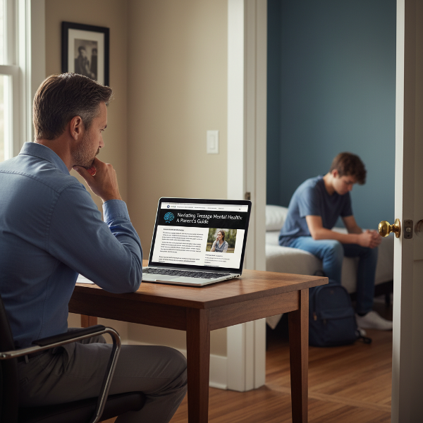 Un père inquiet dans son bureau à domicile, son adolescent distant en arrière-plan.