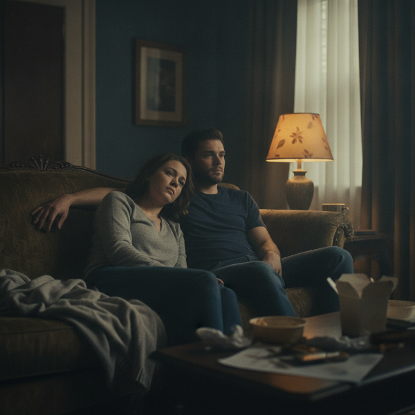 Femme épuisée avec son compagnon dans un salon doux, illustrant la tension entre stress professionnel et intimité de couple.