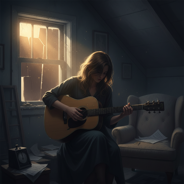 Une musicienne dans une pièce tamisée, tenant son instrument avec des mains tremblantes, une lumière dorée symbolisant l'espoir.