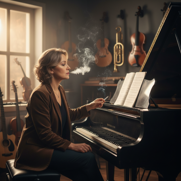 Une artiste musicienne dans son studio, en pleine réflexion sur son habitude de fumer avant de jouer, cherchant une alternative plus saine.