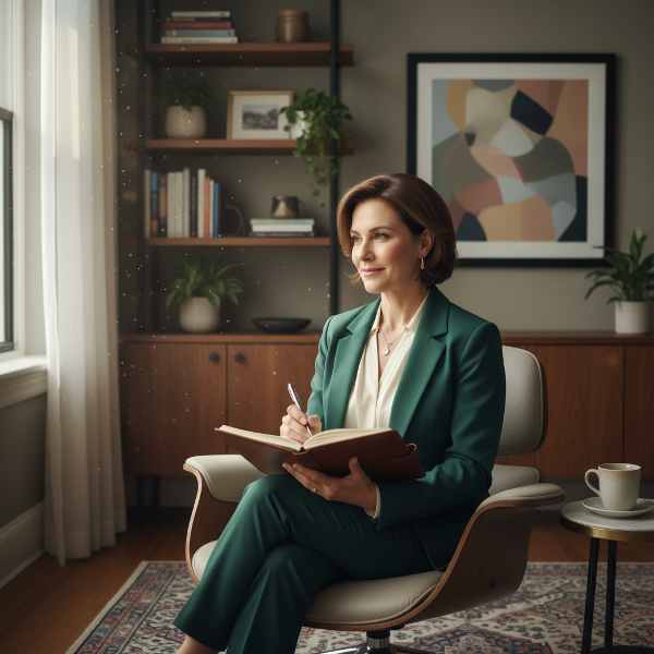 Une psychologue bienveillante dans son cabinet, écoutant avec attention et offrant un espace de réflexion éclairé.