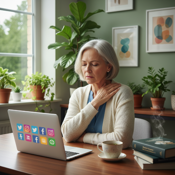 Une psychologue d'âge mûr, Éliane, ressentant des tensions physiques après une session en ligne, dans un cadre calme et professionnel.