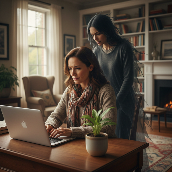 Une psychologue dans son bureau à domicile, confrontée à une anxiété financière symbolique, avec un élément d'espoir.