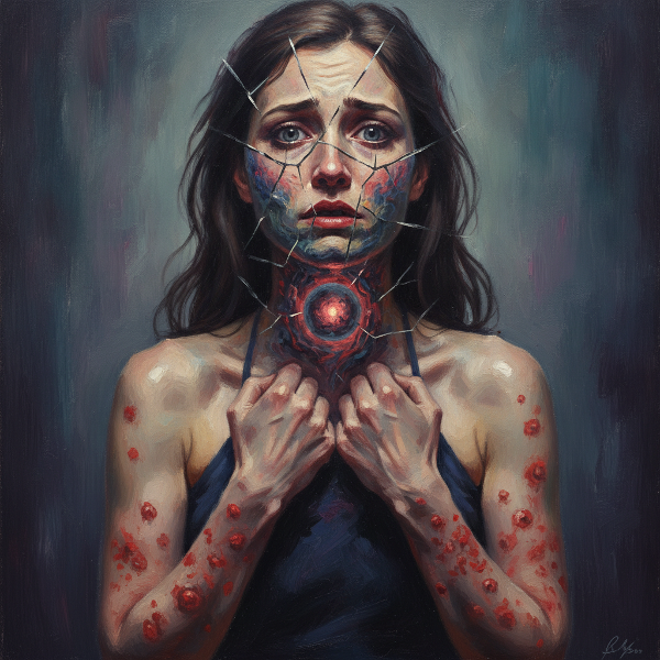 Illustration psychologique montrant une femme devant un miroir, une boule lumineuse dans sa gorge, des spasmes digestifs symbolisés, des éruptions cutanées sur les bras, et une expression de conflit intérieur.