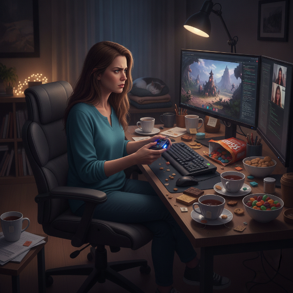 Une femme assise à son bureau avec un ordinateur portable, une manette de jeu à la main, des tasses de thé et des snacks sucrés, une horloge indiquant tard dans la nuit, exprimant fatigue et réflexion.