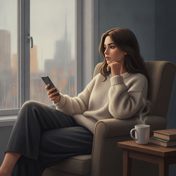 Une femme brune d'une trentaine d'années, assise dans un salon calme, tenant un téléphone, le regard tourné vers l'extérieur, avec une expression de solitude et de réflexion, éclairée par une lumière tamisée.
