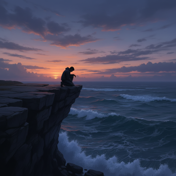 Silhouette d'un homme en crise existentielle face à un océan déchaîné sous un ciel d'orage, évoquant l'épuisement mental et le chemin vers le bien-être.