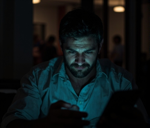 Un homme réservé, assis seul dans la pénombre, le visage éclairé par son téléphone, illustrant la dépendance aux paris sportifs, le stress et la honte, avec une silhouette dansante évoquant la danse-thérapie en arrière-plan.