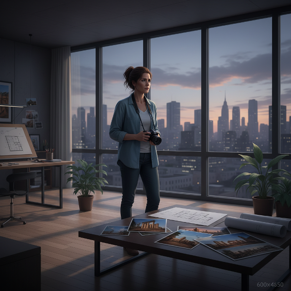 Une architecte dans son appartement moderne, en proie à une profonde réflexion et une angoisse intérieure, entourée des symboles de sa carrière et de ses passions.