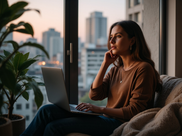 Une femme introvertie dans son nouvel appartement, le soir, ressentant solitude et tension, avec des éléments évoquant le télétravail et le besoin de connexion apaisée.