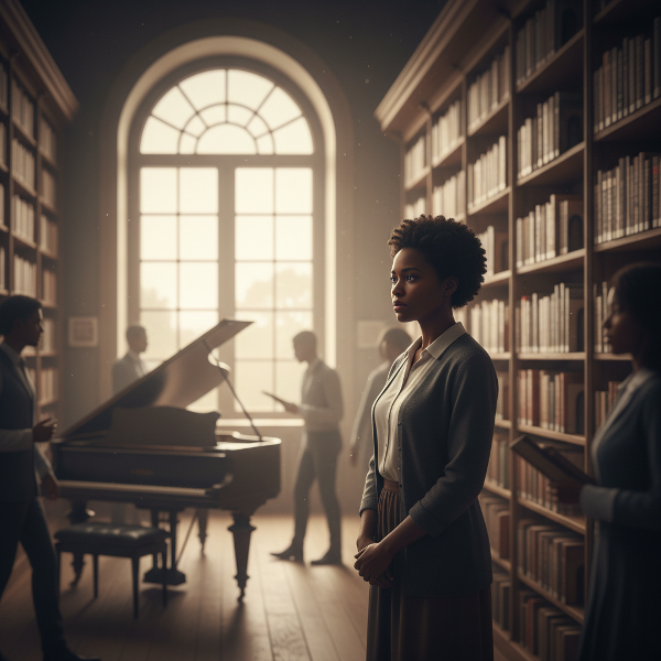 Amina, bibliothécaire, entourée d'ombres floues dans une bibliothèque, contemplant sa solitude malgré les interactions quotidiennes, avec un piano silencieux en arrière-plan.