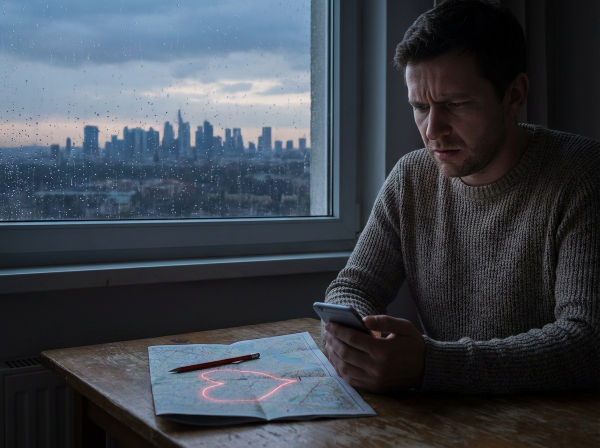 Un homme de 29 ans, légèrement anxieux, consulte son téléphone près d'une fenêtre donnant sur un paysage urbain lointain, avec une représentation subtile de connexion malgré la distance.