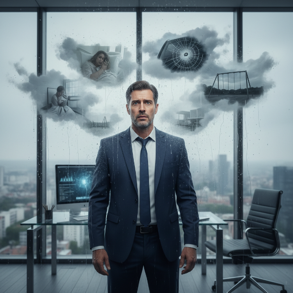 Illustration d'un homme en proie à l'anxiété au travail, avec des souvenirs intrusifs visuellement représentés.