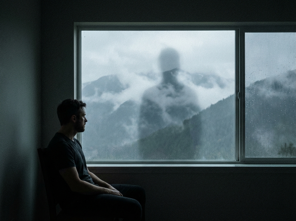 Un homme en deuil face à une montagne brumeuse où une silhouette fantomatique évoque son frère disparu, illustrant l'ambiguïté et la suspension du deuil.