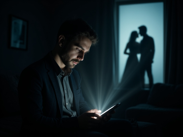 Un homme en proie au doute après une infidélité, hanté par des images intrusives, cherchant une lueur d'espoir.