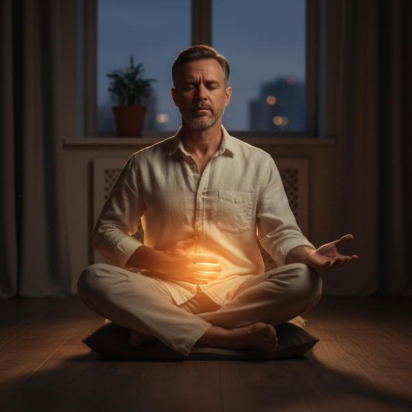 Illustration d'un homme pratiquant un exercice de respiration pour réduire son stress et retrouver une connexion intime avec sa partenaire.