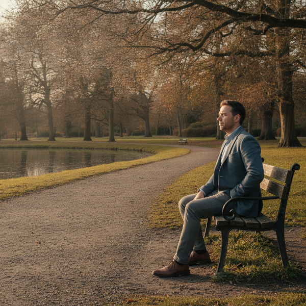 Un homme assis sur un banc dans un parc vide, regardant au loin avec une expression de vide intérieur et de quête de sens.