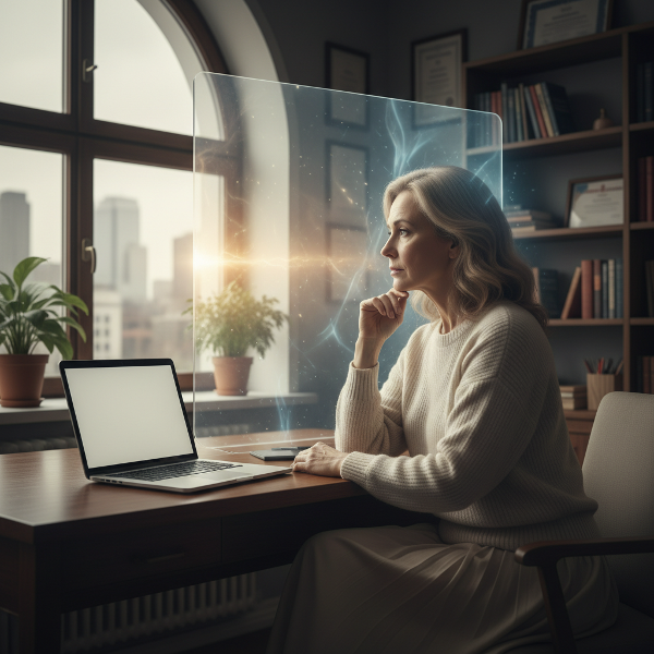 Une consultante psychologique d'âge mûr, Éliane, est assise à son bureau, capturant un moment de réflexion et d'inertie professionnelle alors qu'elle regarde par la fenêtre, entourée de lumière douce.