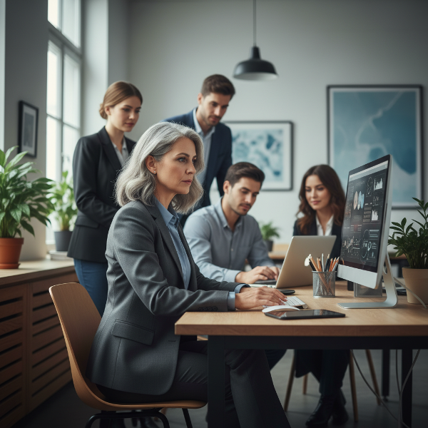 Une femme mature en tenue professionnelle, assise à son bureau, entourée de collègues plus jeunes, avec une expression déterminée et sereine.
