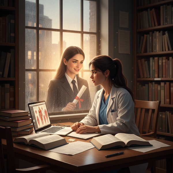 Une étudiante en médecine confrontée à son double, illustrant le conflit intérieur entre le doute de soi et la compétence réelle.