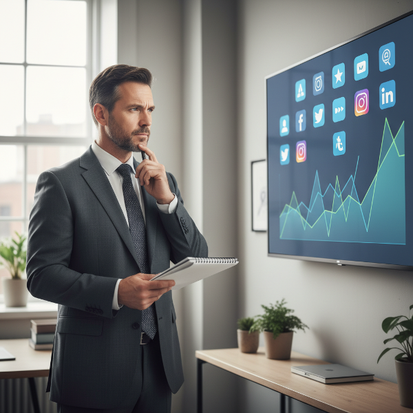 Un psychologue masculin d'âge mûr réfléchit à sa confiance en soi fluctuante devant son ordinateur, dans un cadre professionnel.