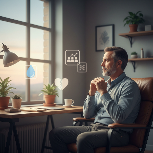 Illustration d'un homme confronté à des peurs anxieuses changeantes, dans un cadre calme évoquant la réflexion et la recherche de solutions.