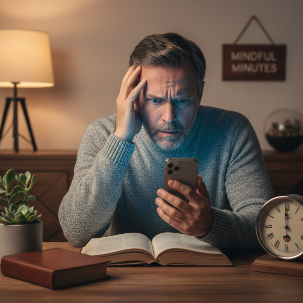 Un homme d'âge mûr cherche un équilibre entre l'usage stressant du téléphone et des activités apaisantes, symbolisant la gestion du temps sur les réseaux sociaux.
