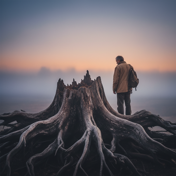 Un homme d'âge mûr, seul, face à un arbre aux racines sciées, dans un paysage d'entre-deux, illustrant la vulnérabilité et le potentiel de renaissance.