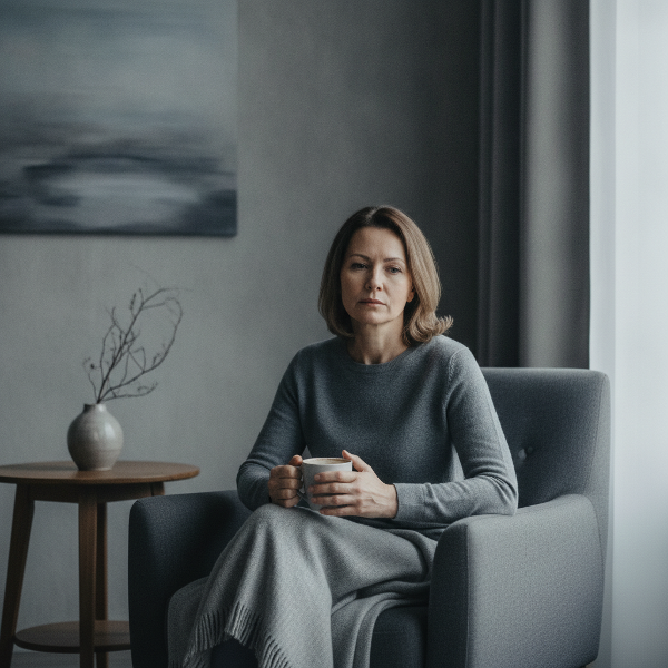 Femme apathique dans un intérieur gris, café froid à la main.
