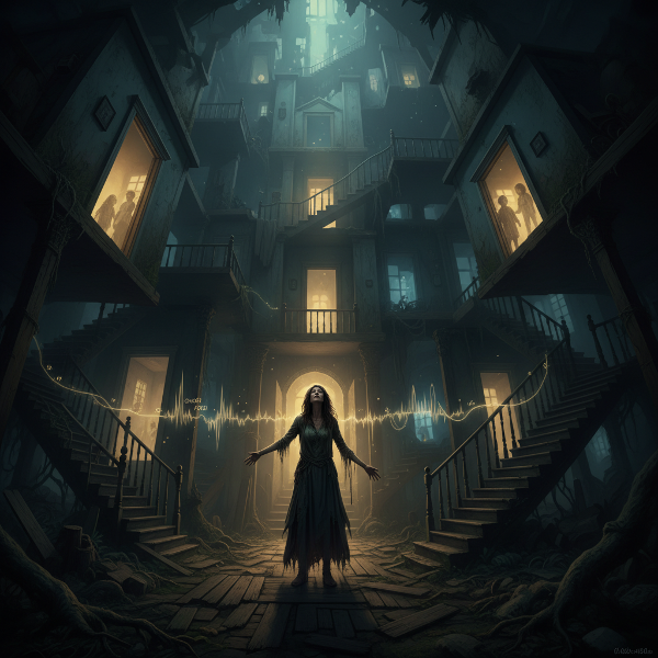 Une mère perdue dans un labyrinthe de maison immense, cherchant ses enfants dont elle entend les voix, illustrant une quête de sens et de repères.