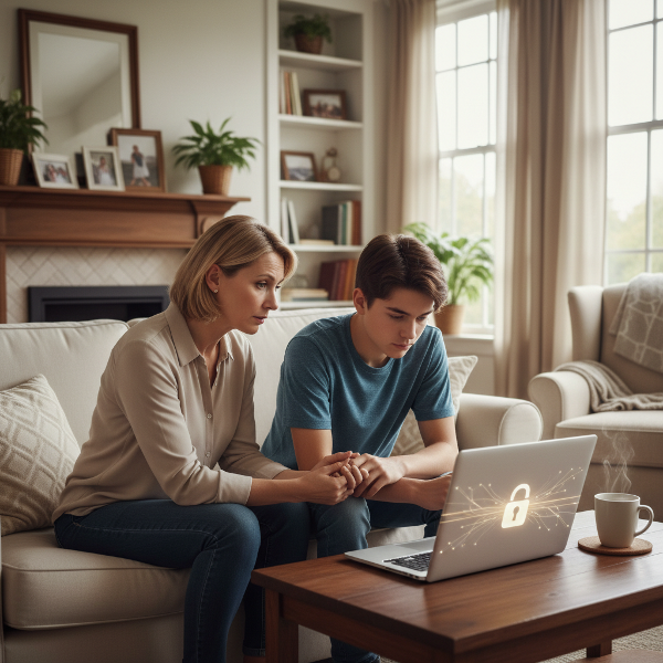 Une mère et son fils adolescent en conversation sérieuse mais apaisée à la maison, avec un ordinateur présent, symbolisant un dialogue sur les écrans et la confiance.