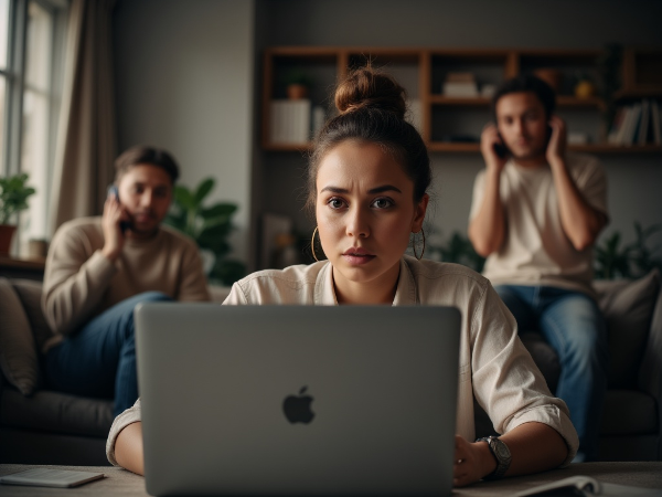 Une mère télétravaille, l'air préoccupé, tandis que ses deux adolescents, distants, sont absorbés par leurs écrans dans le salon familial, illustrant une tension silencieuse mais avec une lueur d'espoir.