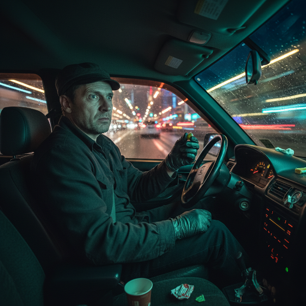 Un chauffeur de taxi la nuit, en train de manger un bonbon, illustrant une habitude compulsive liée au stress professionnel.