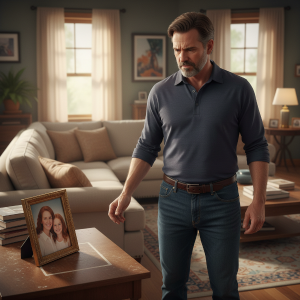 Un homme confronté à un petit changement dans son espace domestique, illustrant la tension entre l'amour et une colère sélective liée au passé.