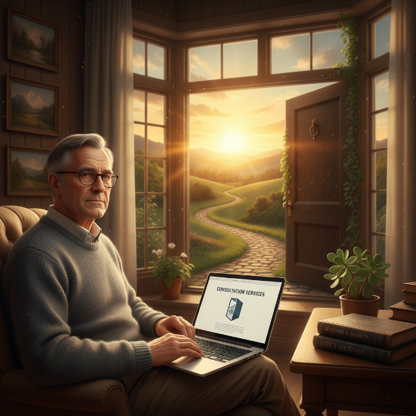 Un homme de 60 ans, Robert, réfléchit calmement près d'une fenêtre, envisageant une nouvelle voie professionnelle en ligne, symbolisant une transition de vie et la recherche de confiance.