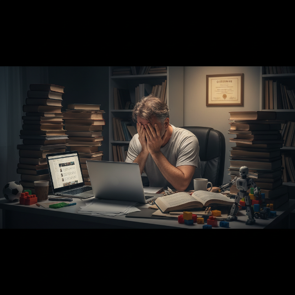 Un homme submergé par ses responsabilités familiales et professionnelles, avec un symbole d'espoir pour son avenir.