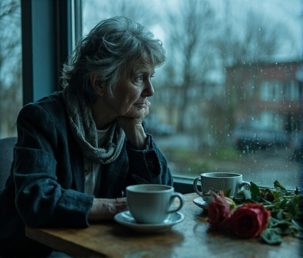 Une femme pensive et seule près d'une fenêtre, entourée de symboles de distance et de désir de reconnexion dans son couple.