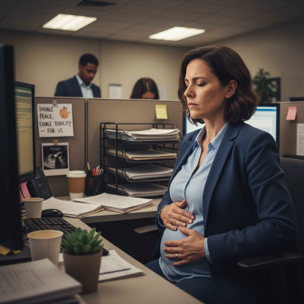 Une femme enceinte dans un bureau stressant se recentre par la respiration consciente, symbolisant la recherche de sérénité pour son futur enfant.