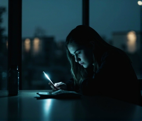 Une femme d'une trentaine d'années, assise à une table éclairée par une lampe, regarde son téléphone avec anxiété. Des messages lumineux et flous apparaissent, l'écran est à moitié caché. L'ambiance est sombre, avec des tons bleutés et une atmosphère de doute et de tension.