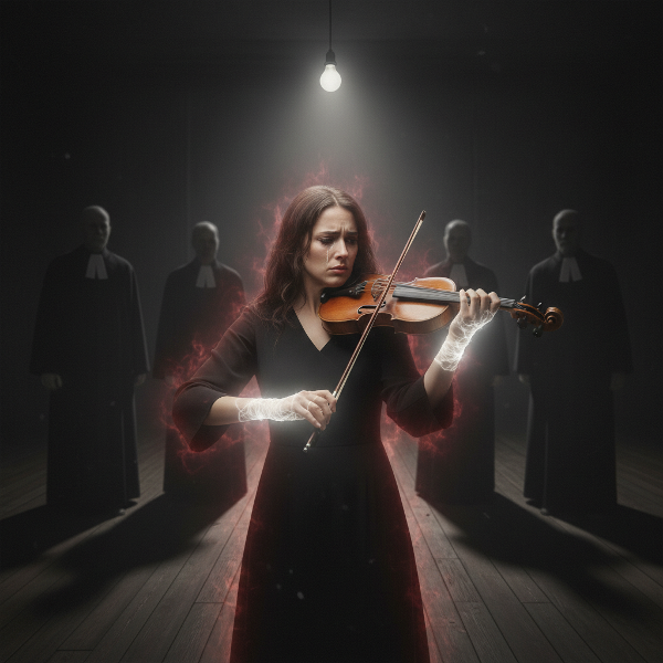 Femme violoniste en lutte intérieure, angoisse scénique et douleurs psychosomatiques aux mains.
