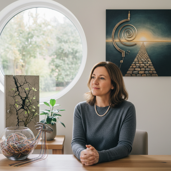 Une image symbolisant la rupture des schémas relationnels répétitifs au travail, avec des métaphores visuelles de cycles qui se transforment et de nouvelles voies qui s'ouvrent.