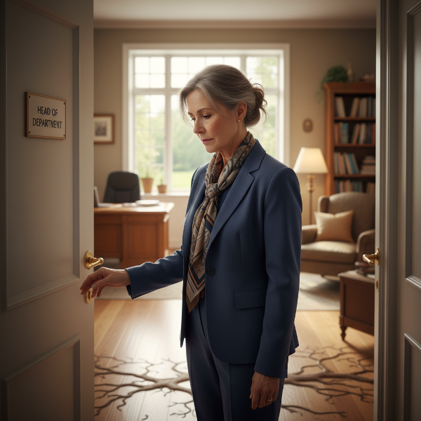 Une femme professionnelle réfléchie devant un chemin qui se divise, illustrant l'hésitation face à un changement de carrière.