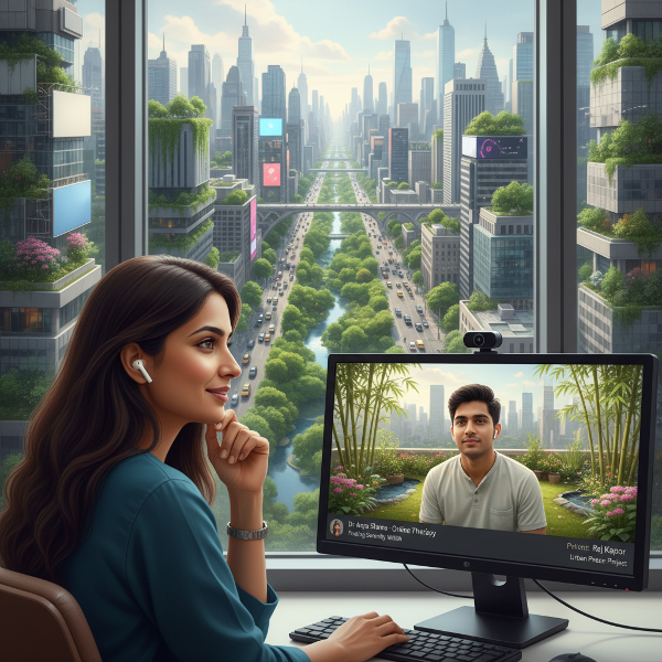 Une illustration montrant un psychologue et son patient trouvant des moments de paix et de reconnexion sociale au cœur d'une ville trépidante.