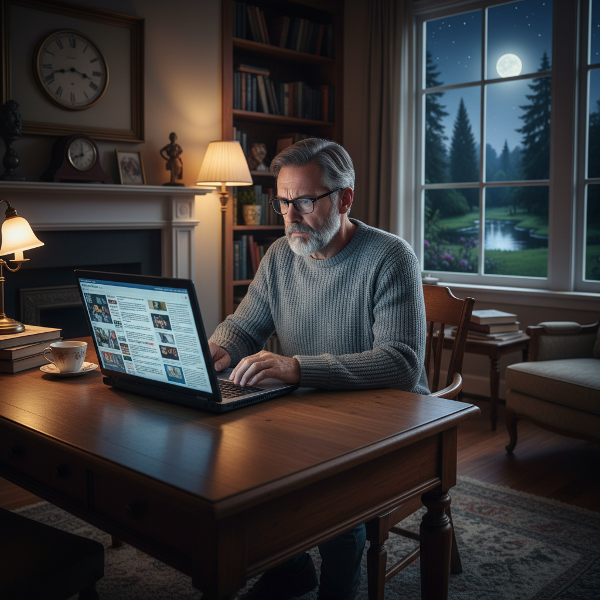 Un psychologue d'âge mûr, captif de son écran d'actualités dans son bureau, illustrant la dépendance compulsive à l'information et le désir d'équilibre.