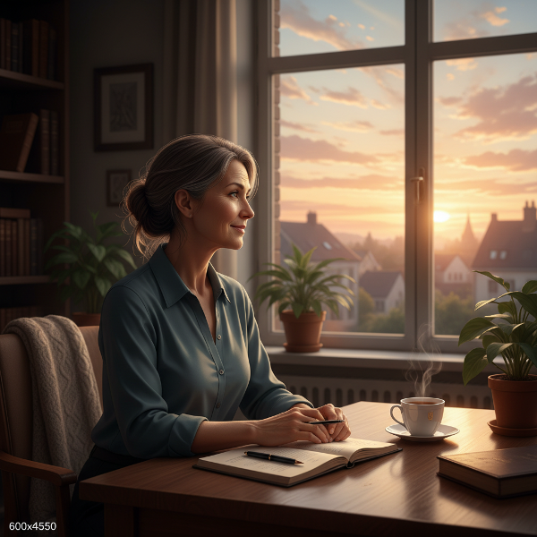 Une psychologue réfléchie contemple un lever de soleil depuis son bureau, évoquant la recherche d'un nouveau départ et la sérénité.