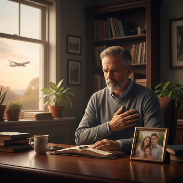 Un psychologue d'âge mûr dans son bureau calme, ressentant une palpitation, contemplant une photo familiale alors que le soir tombe.